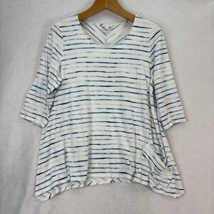 Pure Jill Womens XL Tunic Top Blue White Stripe‎ 3/4 Sleeve Pocket Asymmetrical